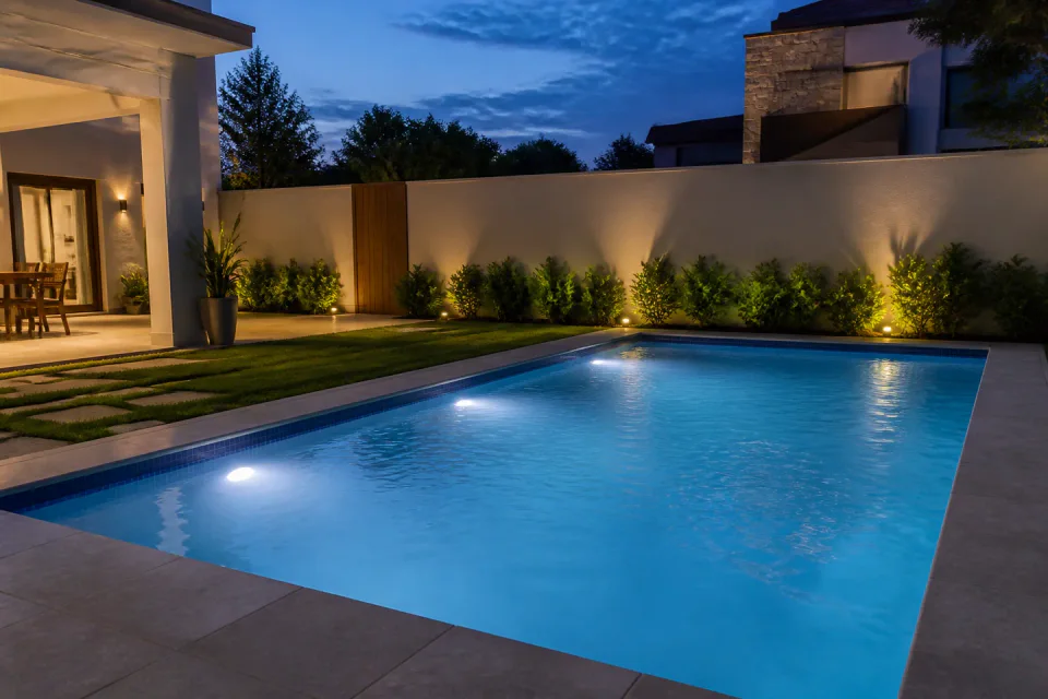 Ilustração de piscina residencial iluminada por pontos de LED