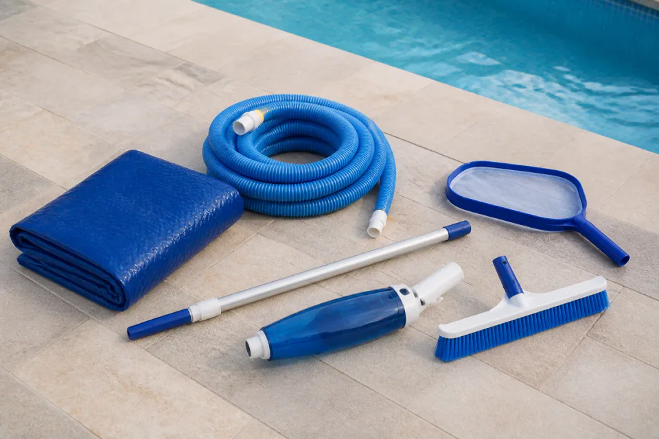 Ilustração de kit de limpeza e acessórios para piscina