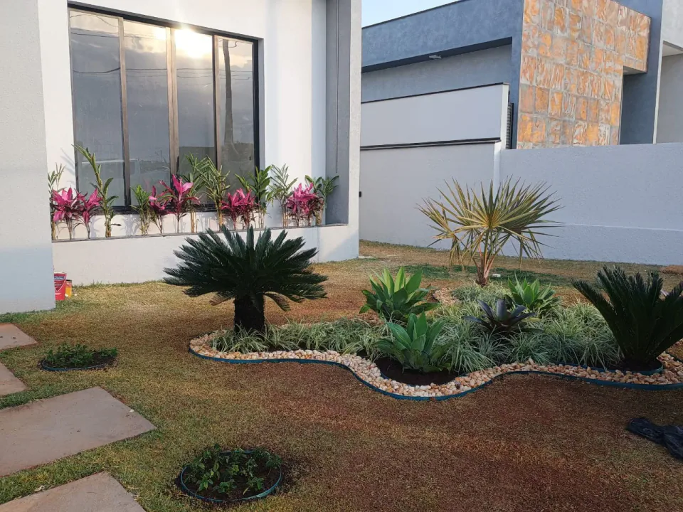 Canteiro orgânico em jardim residencial com pedras e plantas