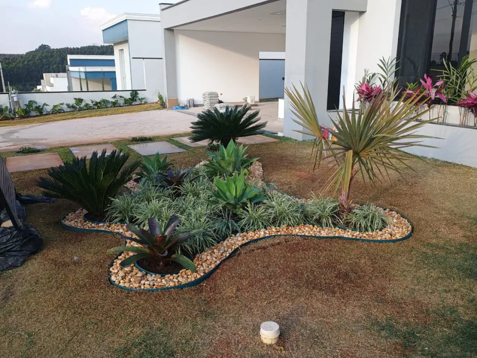 Jardim residencial com cicas, bromélias e pedras decorativas