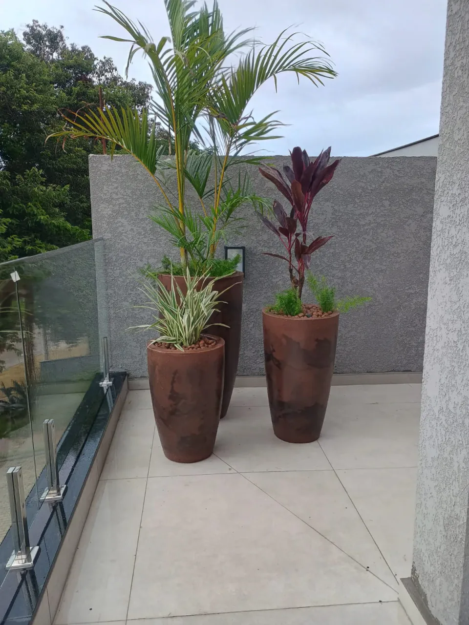 Vasos com palmeira e cordiline em varanda