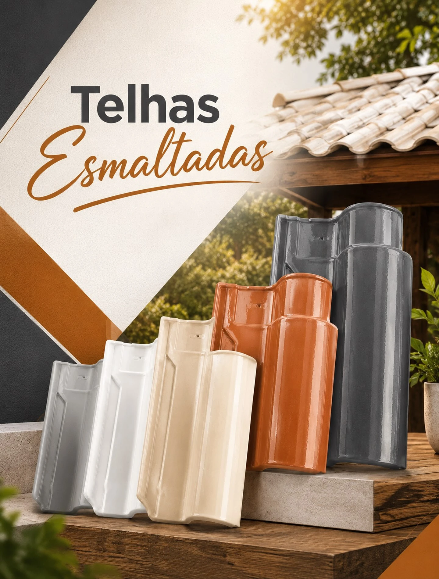 Arte da C&S Madeiras e Telhas com modelos de telhas esmaltadas em diferentes cores.