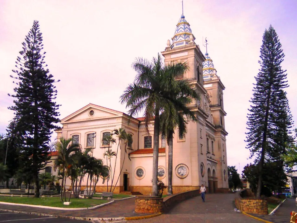Igreja Matriz de São Sebastião em Porto Ferreira, São Paulo, entre árvores.