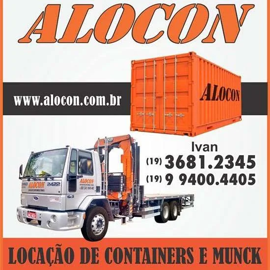Material de apresentação da Alocon com contêiner e caminhão