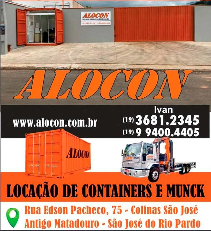 Apresentação da Alocon com imagens de contêineres e caminhão
