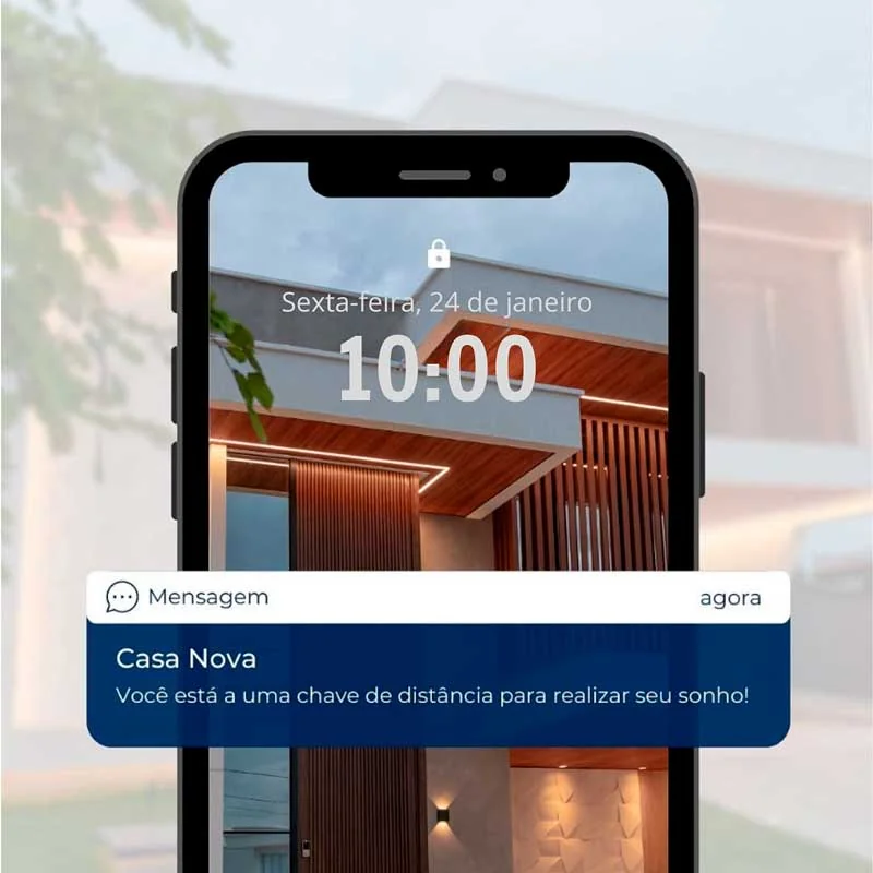 Material de apresentação da Aurum com fachada residencial em tela de celular