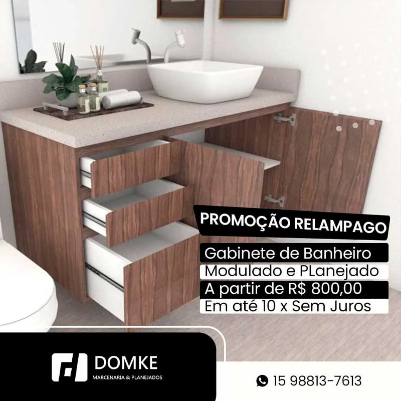Material promocional da Domke com gabinete de banheiro