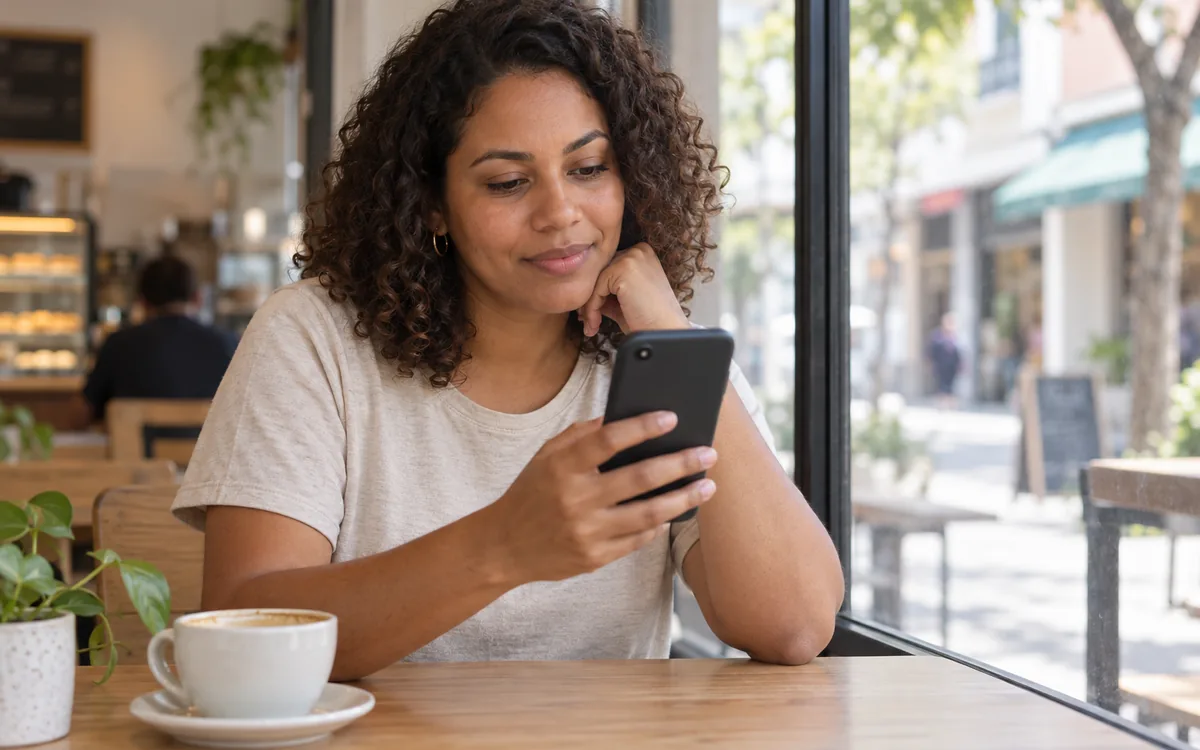 Ilustração gerada por IA de uma mulher consultando o celular à mesa de um café, com a tela voltada para ela.
