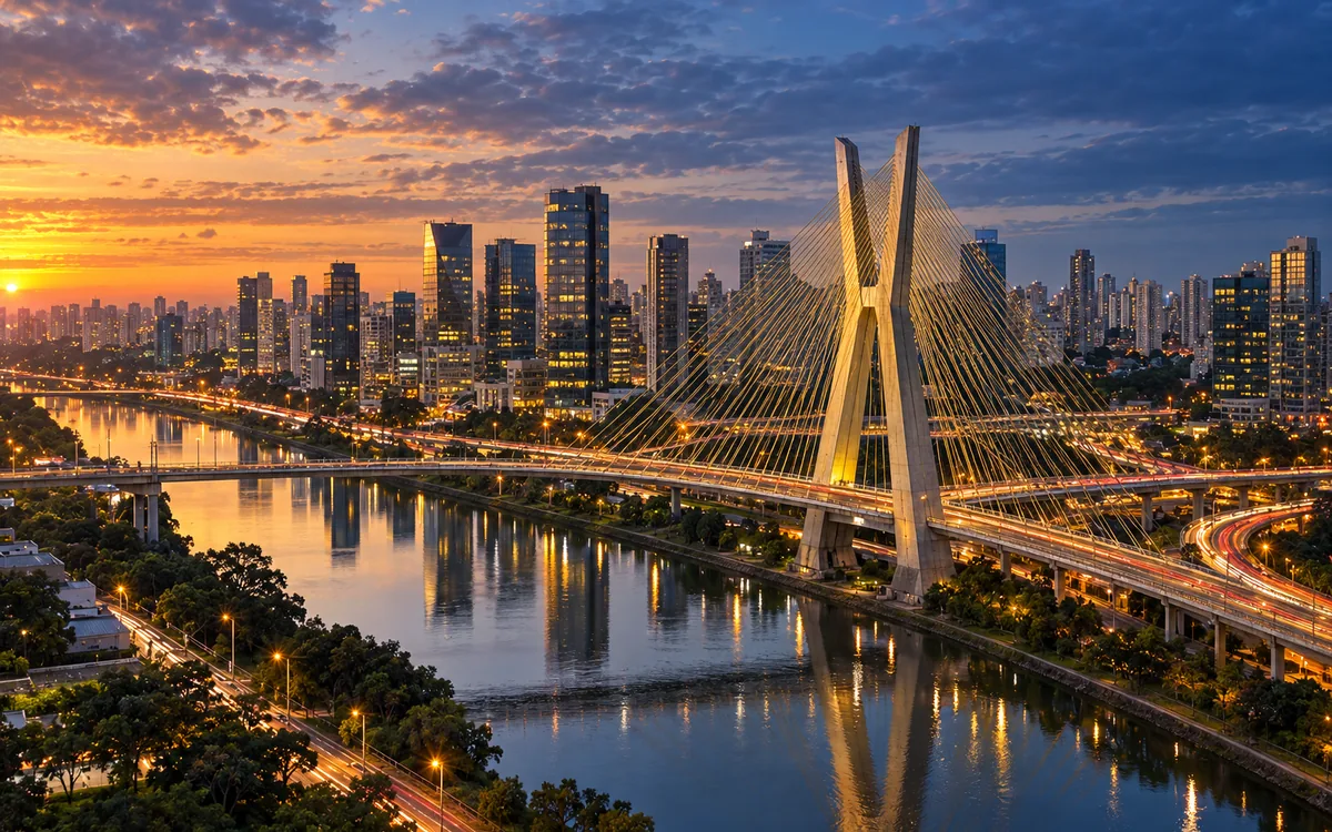 Ilustração gerada por IA inspirada na paisagem de São Paulo, com ponte estaiada e edifícios ao entardecer; não representa o evento.