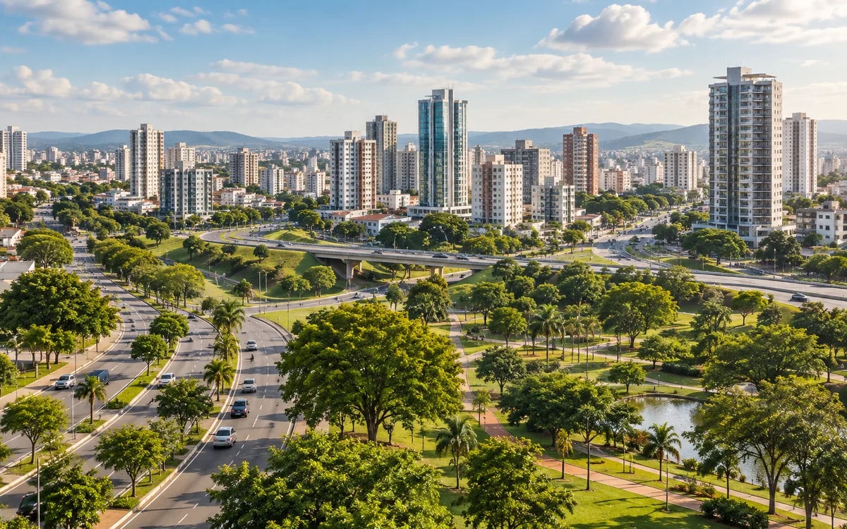 Ilustração gerada por IA de uma paisagem urbana inspirada em Sorocaba, com avenidas, parques e edifícios.