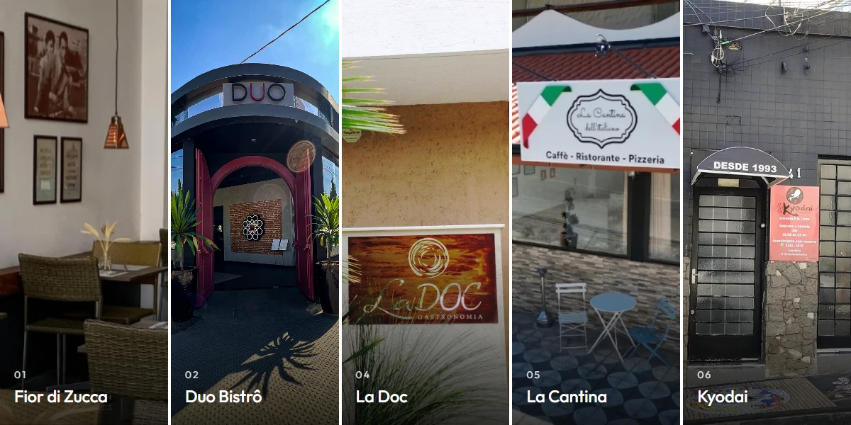 Mosaico em cinco faixas com fotografias do Fior di Zucca, Duo Bistrô, La Doc Gastronomia, La Cantina dell’Italiano e Kyodai, em Sorocaba.